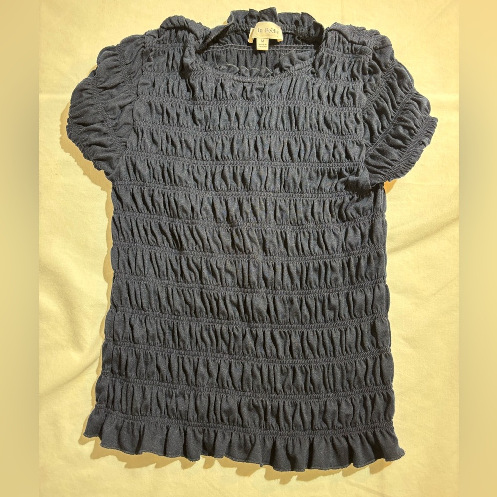 La Peche Navy Ruched Short Sleeve Girls Top Sz Medium